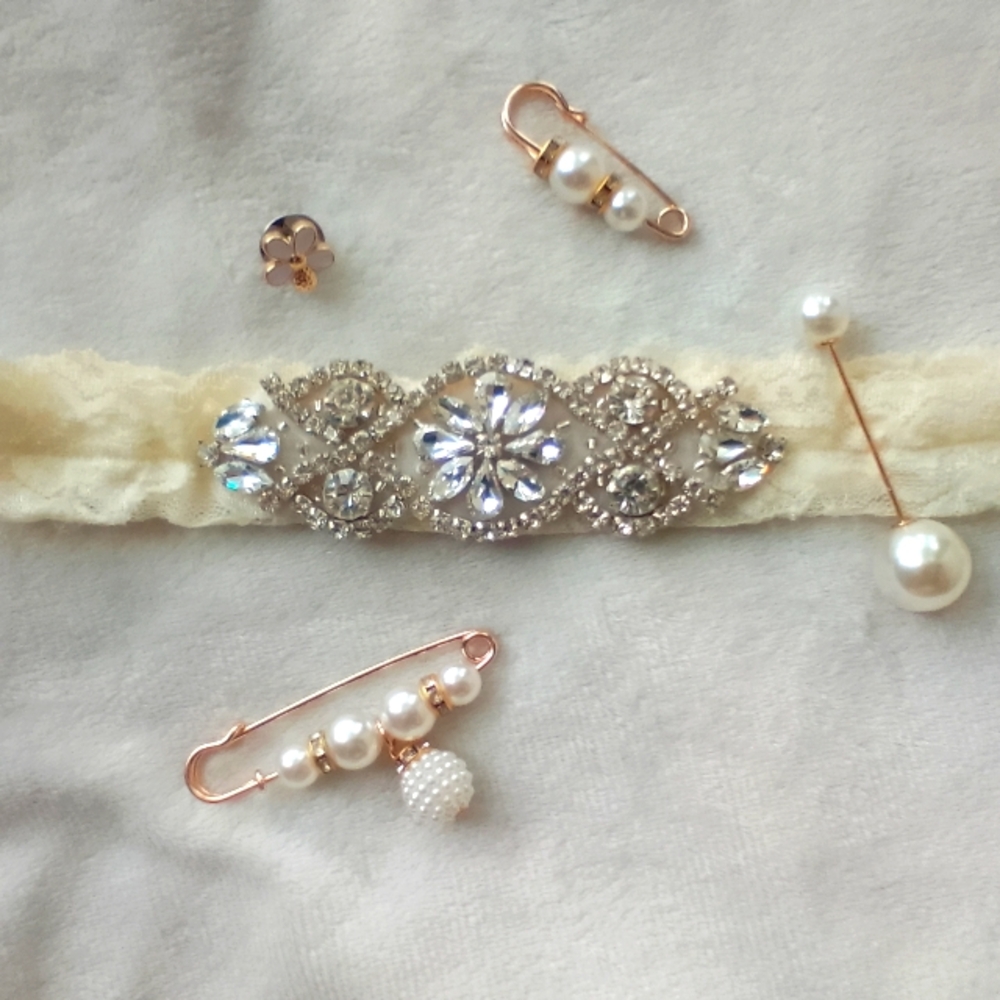 Vintage Ivory Crystal Pearl Lace Non-slip Wedding Garter Pin Barrett Bundle Set - Picture 13 of 13
